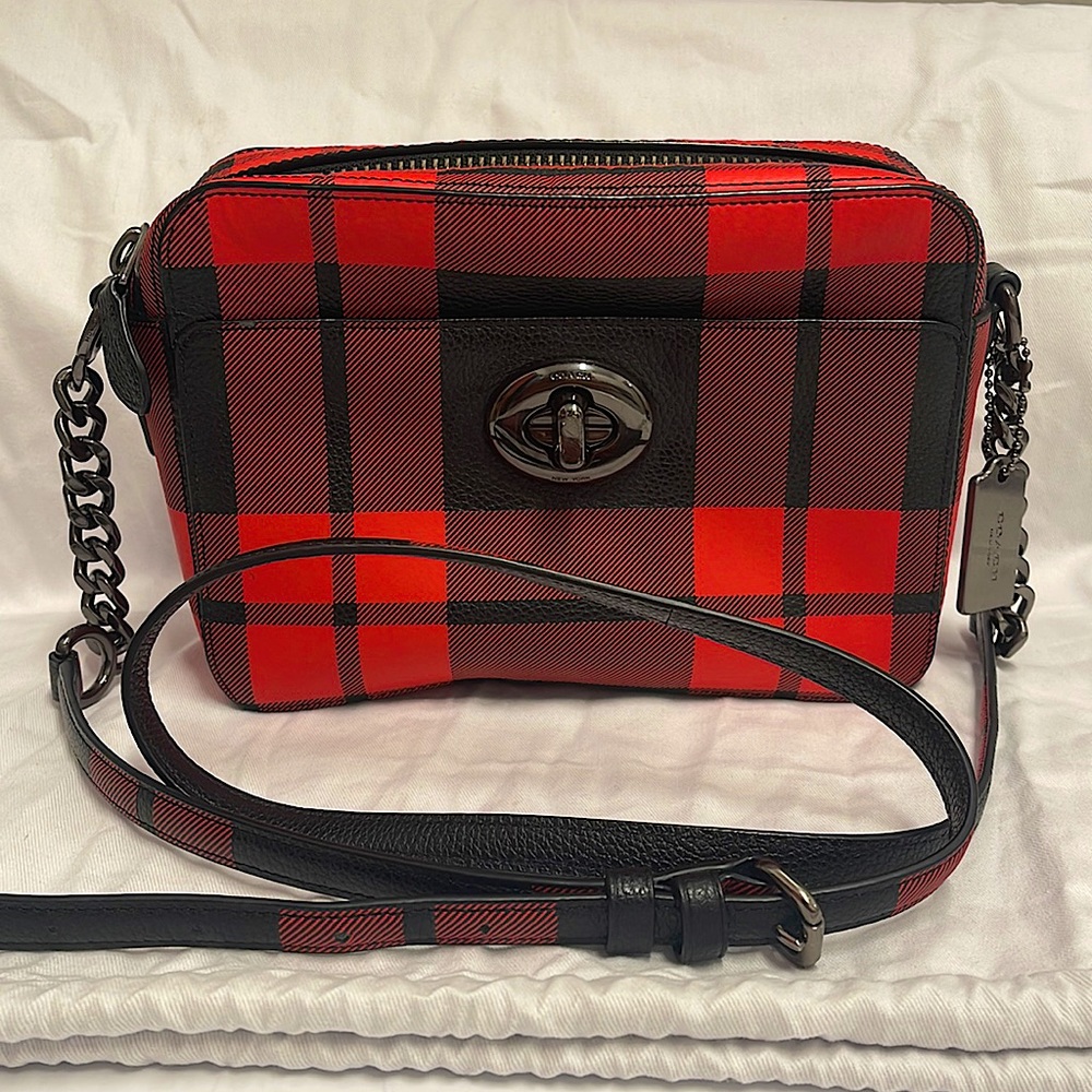 COACH Turnlock Camera Bag in Plaid Print Leather Mount Plaid Cross Body Bag